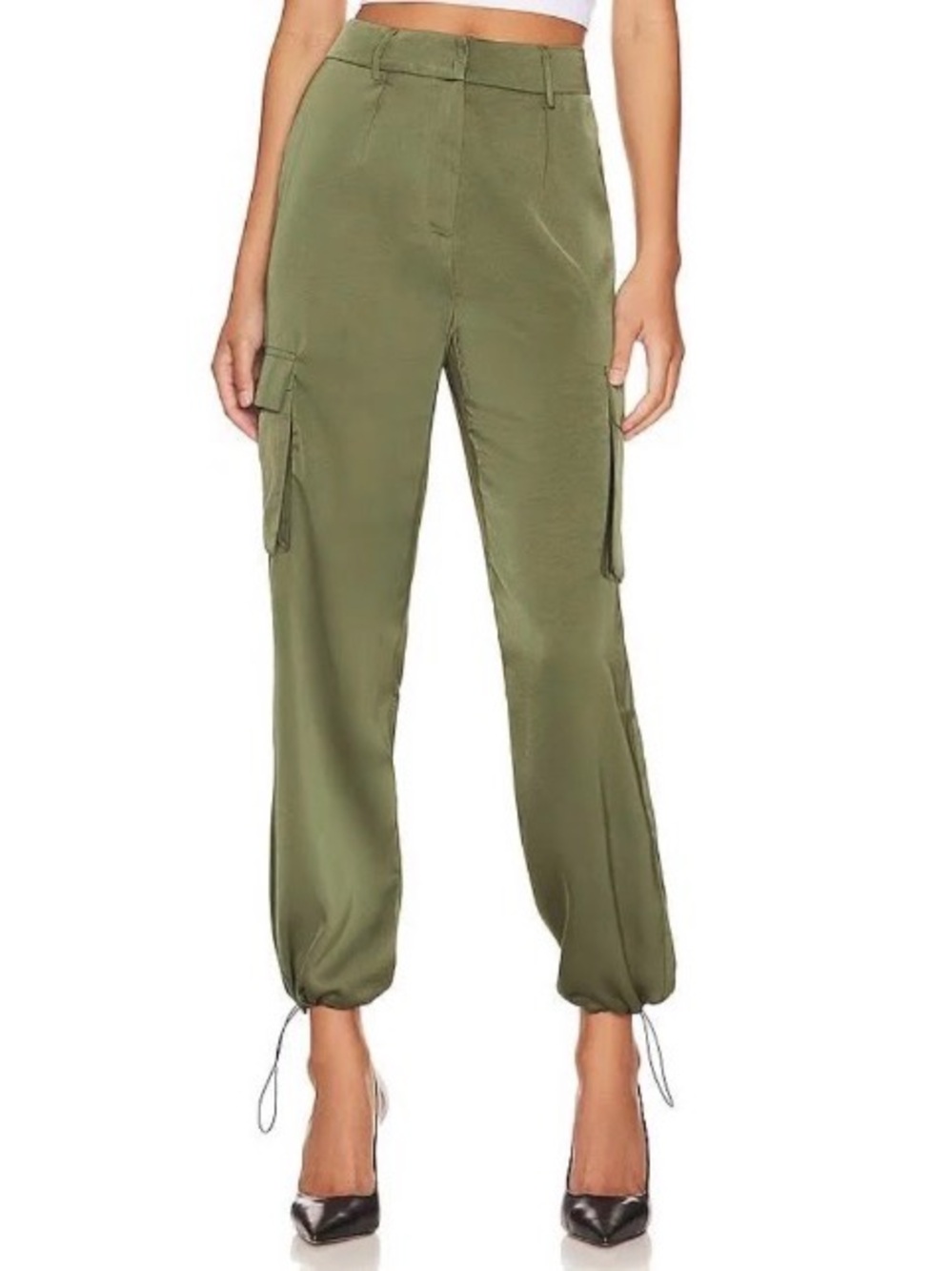 Superdown Seleste Satin Drawstring Cargo Joggers Olive Green Sz M